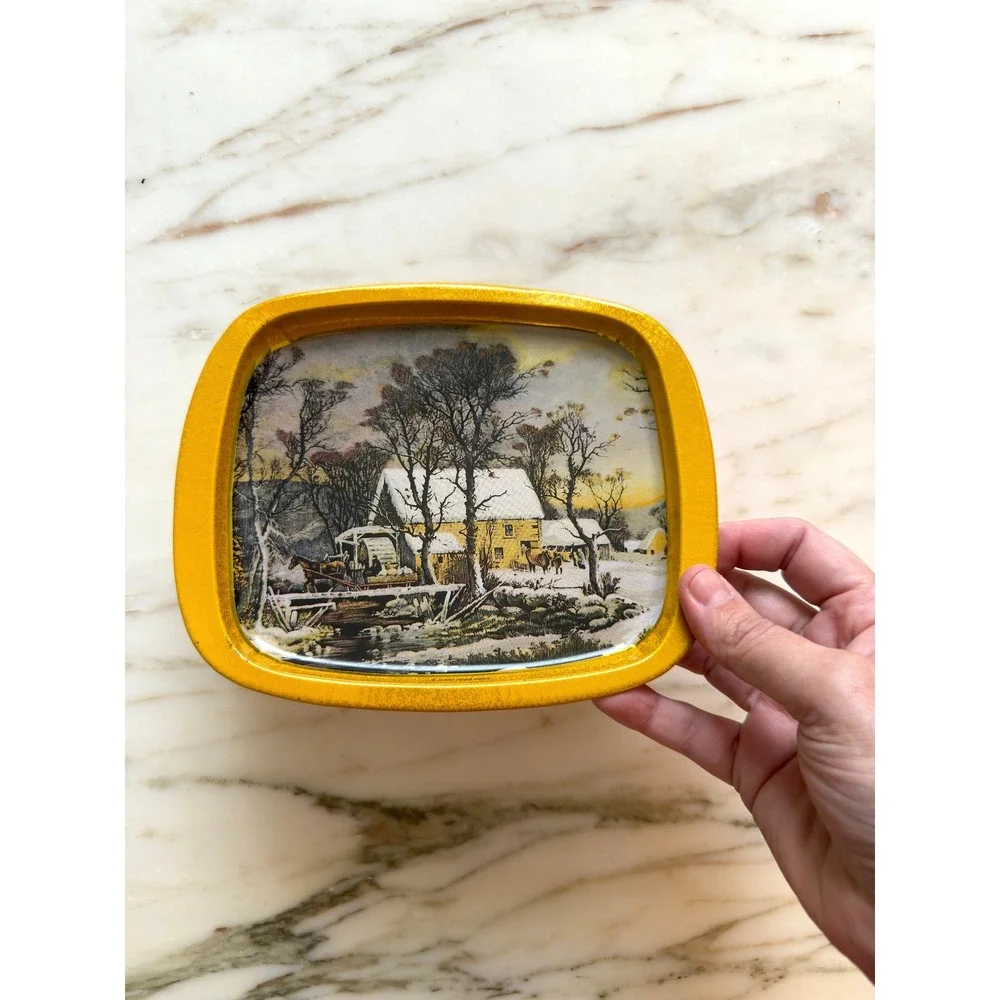 Vintage Jasco Hong Kong Winter Christmas Scene Metal Tray Gold Cottage Decor
